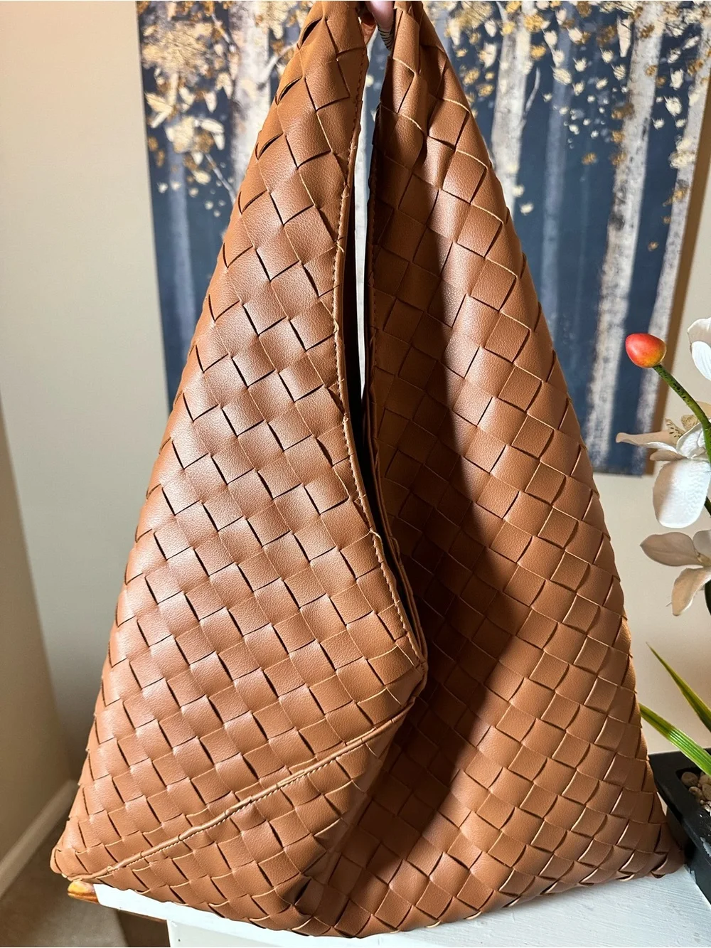 Woven Hobo Shoulder Bag in Cognac Brown